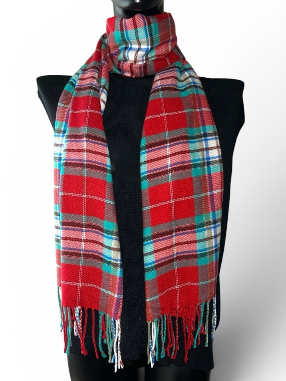 Lands' End Rich Red and Emerald Bay Plaid Ultra Soft Fringed Scarf NEW